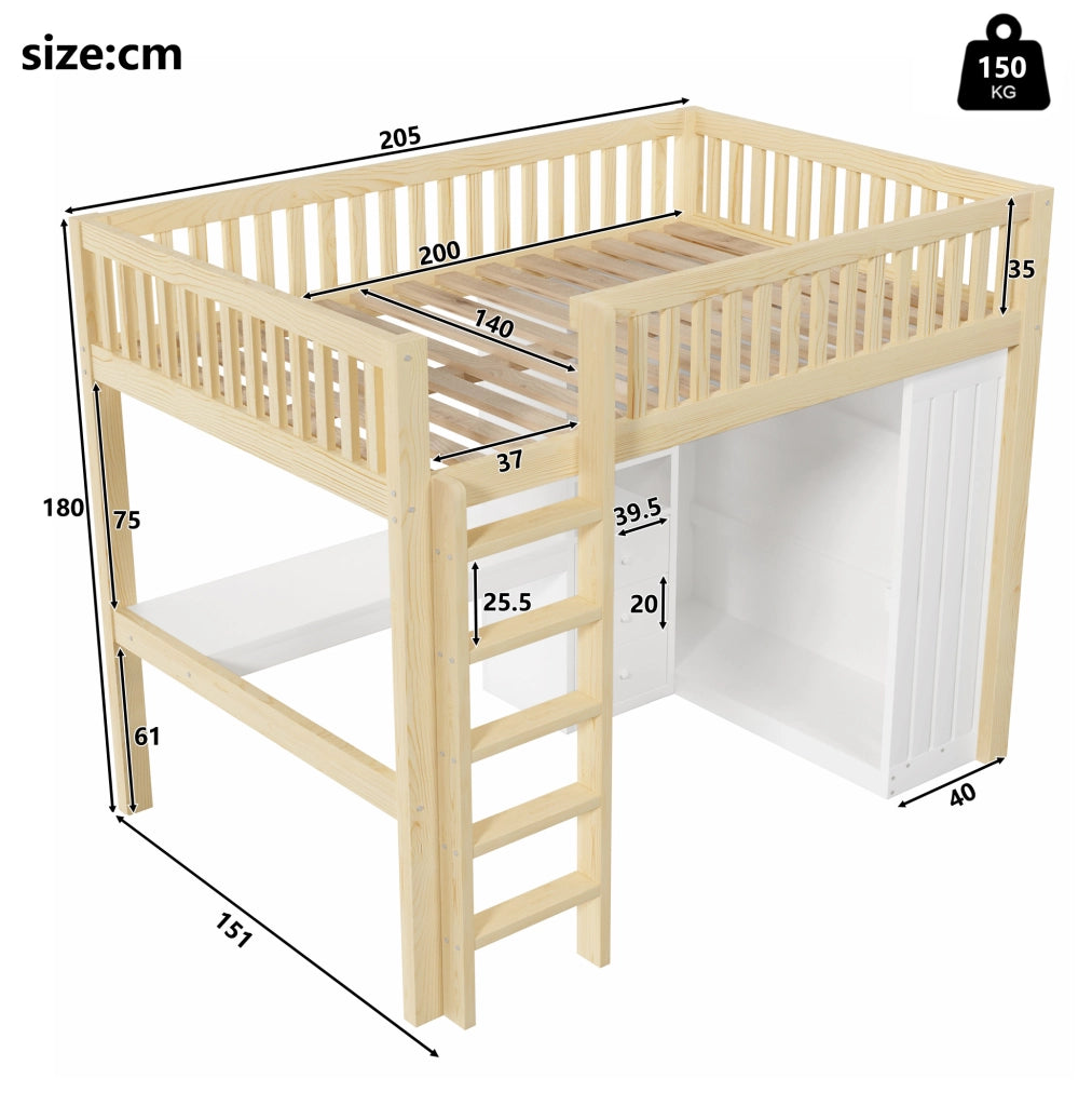 Letto a soppalco con scrivania, armadio e 3 cassetti, 140 x 200 cm, colore naturale