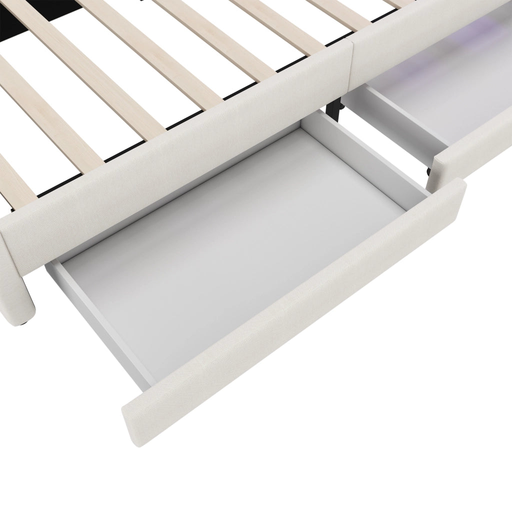 Letto da giorno 90x200 cm con 2 cassetti, LED e USB-C in lino e MDF beige
