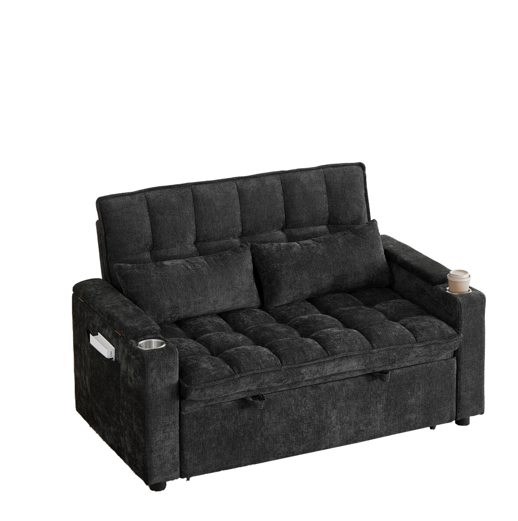 Divano letto 3 in 1 142x89x89 cm in ciniglia nera con contenitore