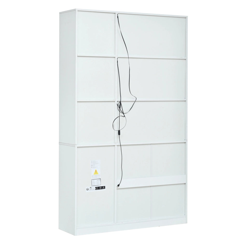 Mobile alto bianco con vetrina in vetro e illuminazione LED 120x35x200 cm con 13 spazi contenitivi e 4 cassetti