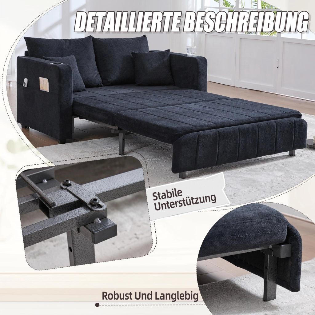 Divano letto convertibile con tasche laterali e 4 cuscini - in ciniglia nera
