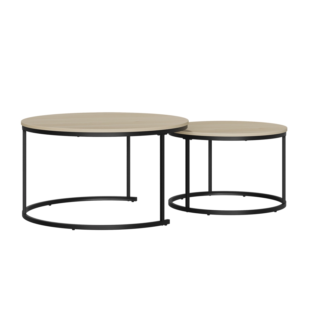 Set 2 tavolini da caffè rotondi impilabili ?80/60 cm; truciolare e ferro; colore rovere