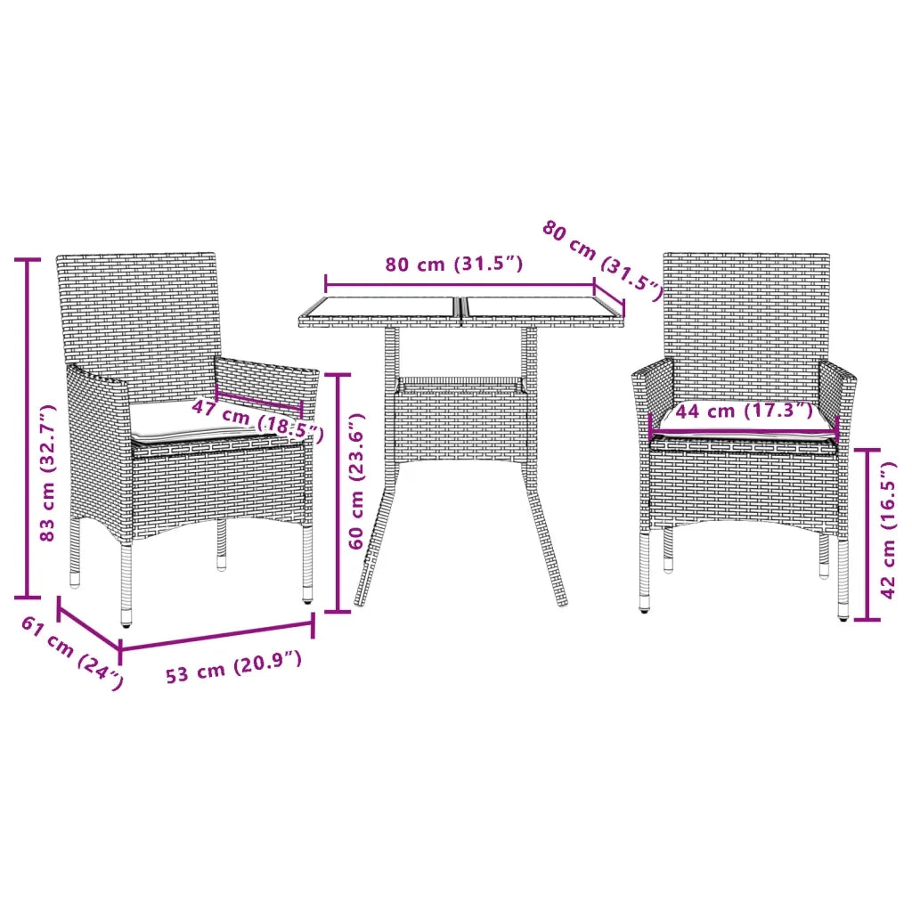 Set Pranzo da Giardino 3pz | Set Salotto da Giardino con Cuscini Polyrattan Acacia Grigio
