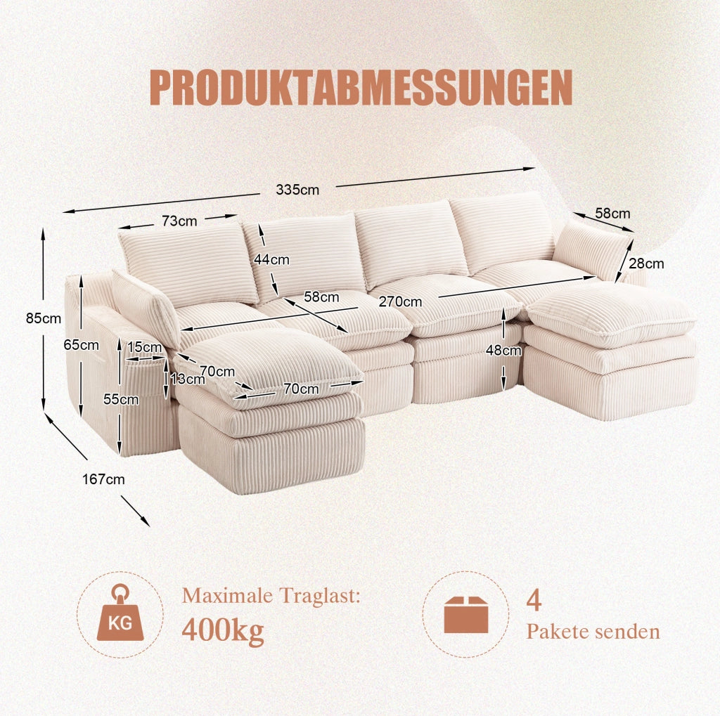 Divano modulare 4 posti in velluto a coste beige 335 cm con pouf e tasche laterali