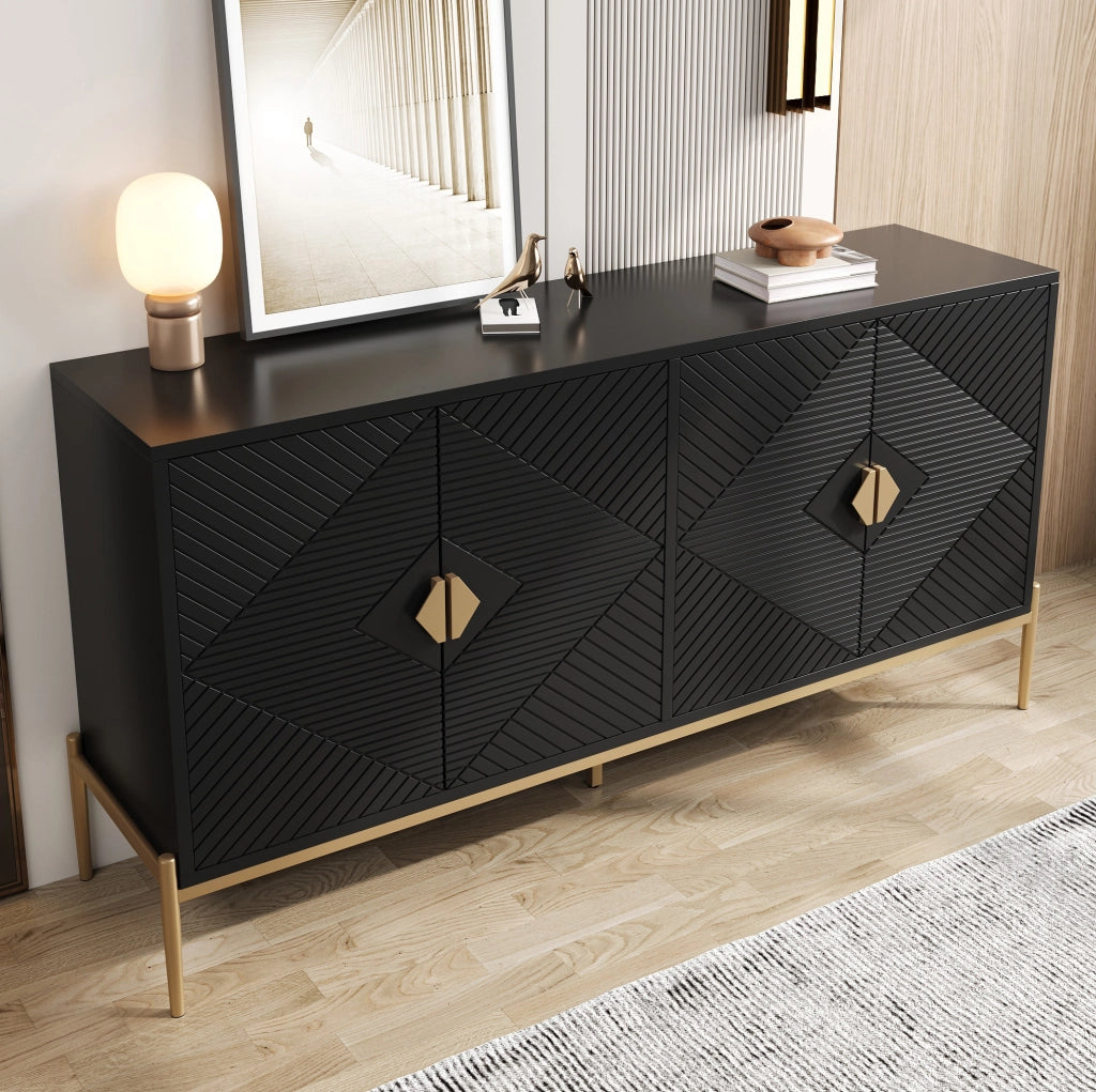 Sideboard moderno in nero con motivi geometrici, 162x40x80 cm, struttura in PB e MDF, gambe in metallo