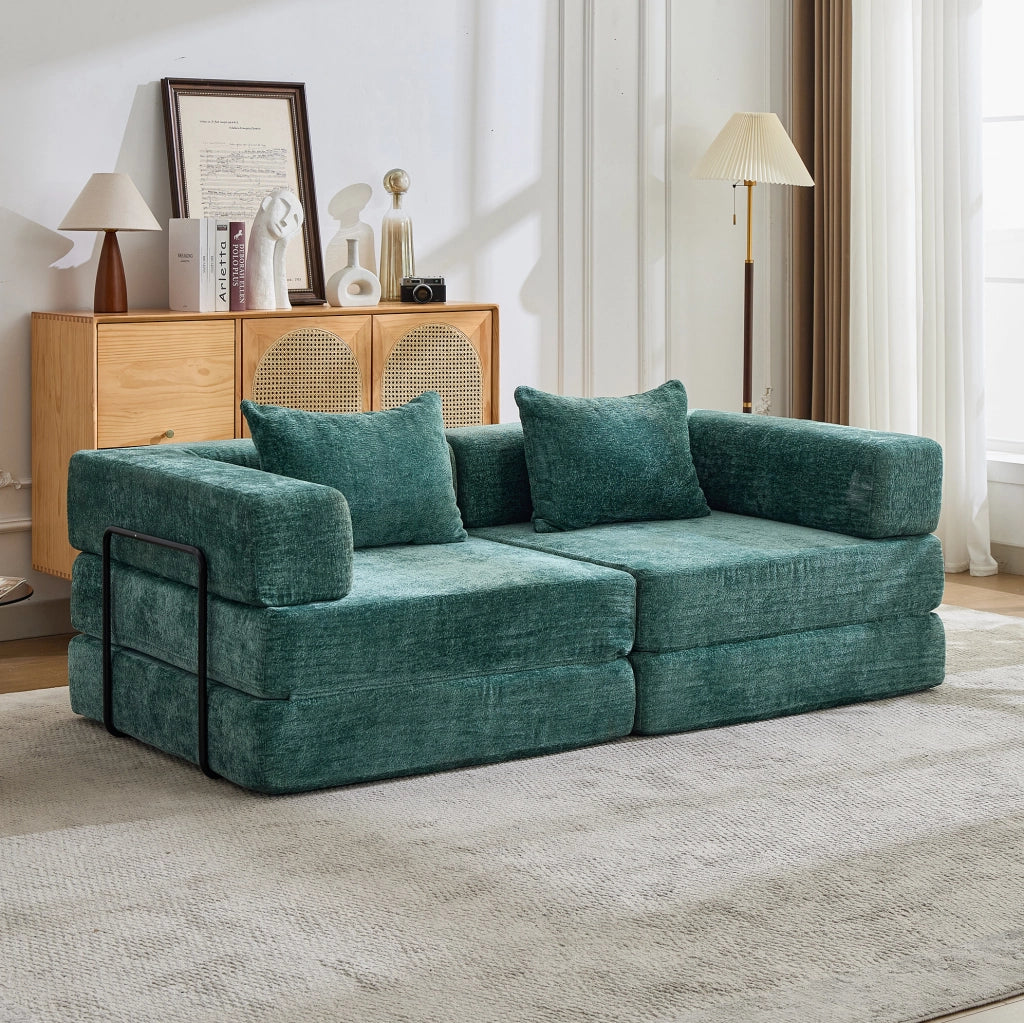 Divano letto 200x100x63 cm in ciniglia verde scuro, senza montaggio,