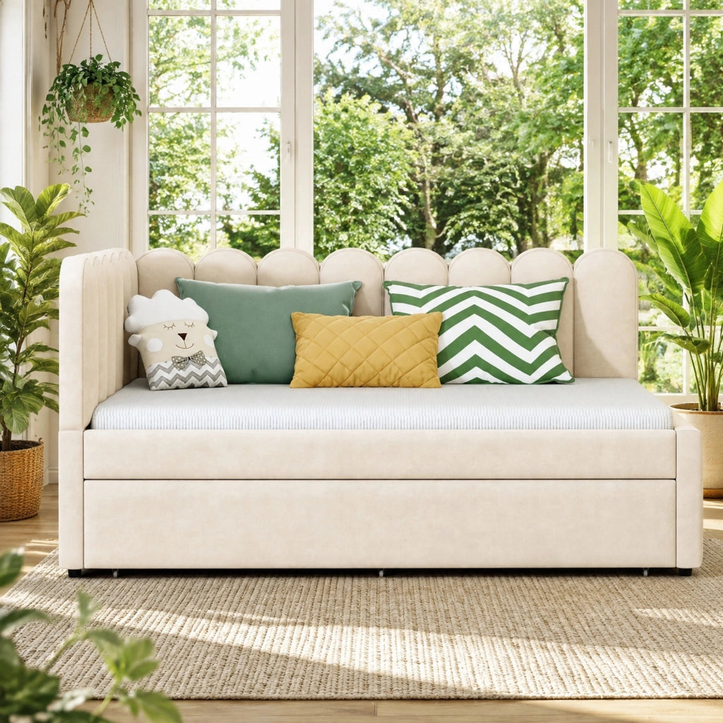 Divano letto 140 × 200 cm con letto estraibile a rotelle schienale a petalo in velluto beige