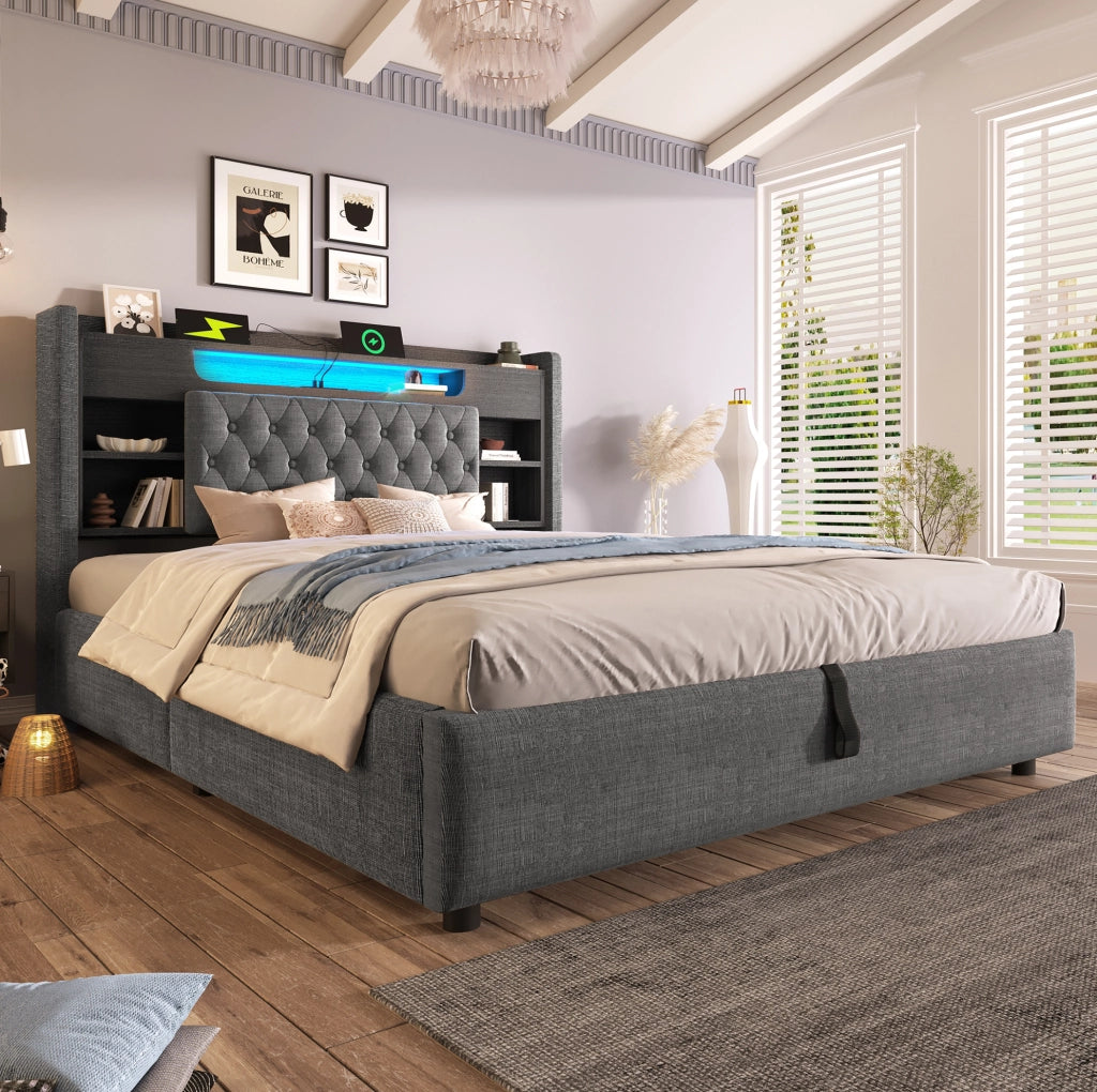 Letto matrimoniale 180x200 cm con contenitore， luce da lettura， 2 porte USB e rete sollevabile in cuoio rigenerato grigio， senza materasso