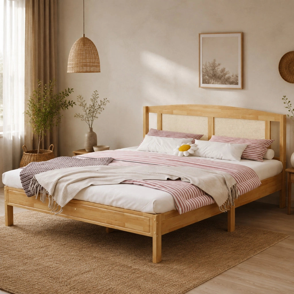 Letto matrimoniale in rattan 160x200 cm, struttura in pino e PE-rattan, colore naturale