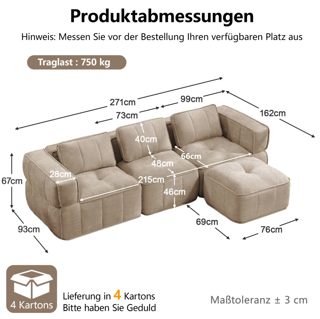 Divano angolare modulare 271x162x67 cm in poliestere sabbia con pouf