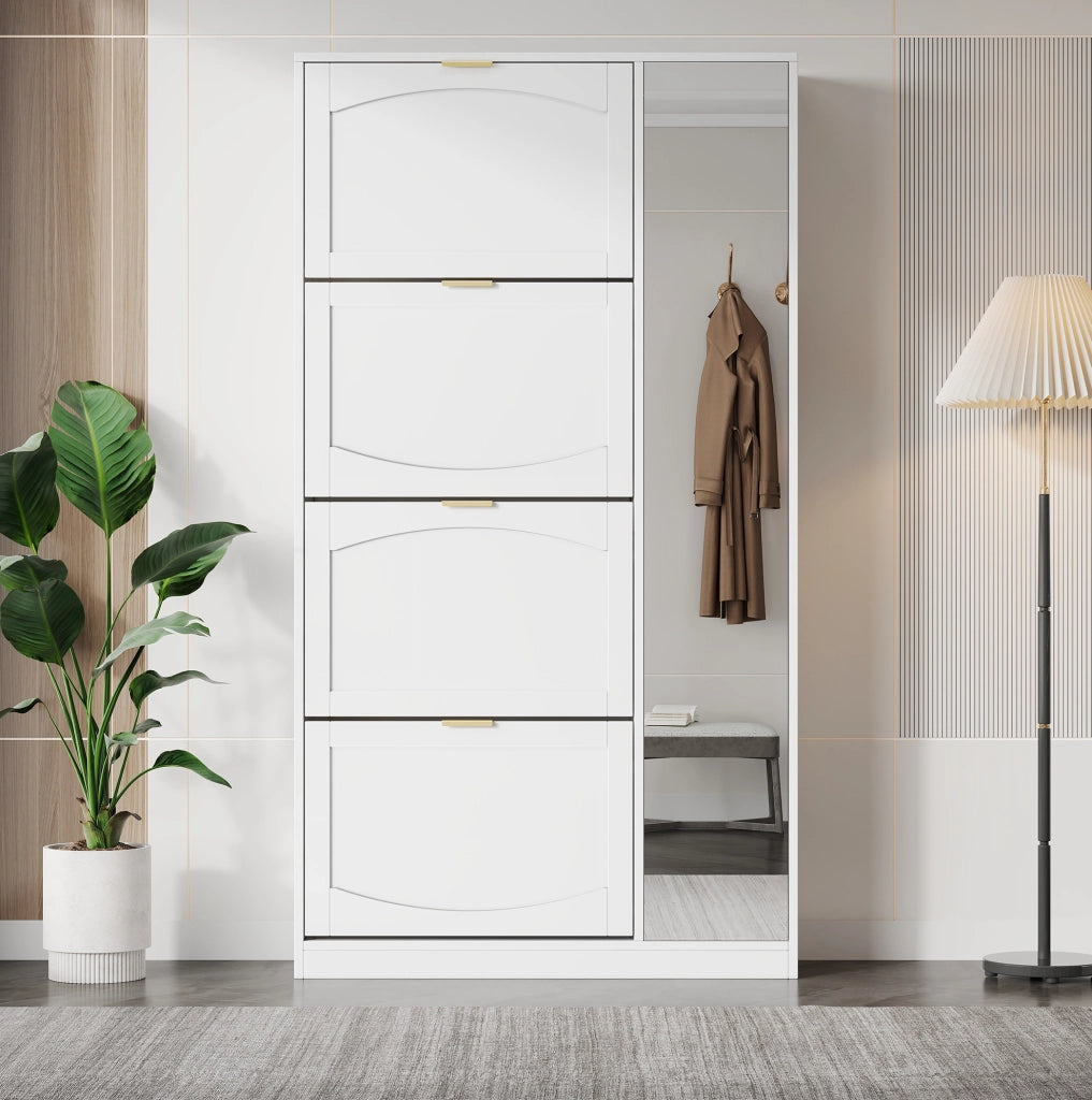 Scarpiera con specchio 80x24x147 cm bianca in truciolare， 4 vani ribaltabili per l'ingresso