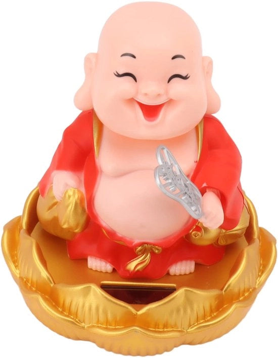 Statua di Buddha che sorride al sole, Maitreya con abbigliamento rosso, decorazione ornamentale automatica con capo che si muove, giocattolo per la ricchezza e la fortuna, codice prodotto HB-001, modello HBZB-02, dimensioni 18x10x8 cm.