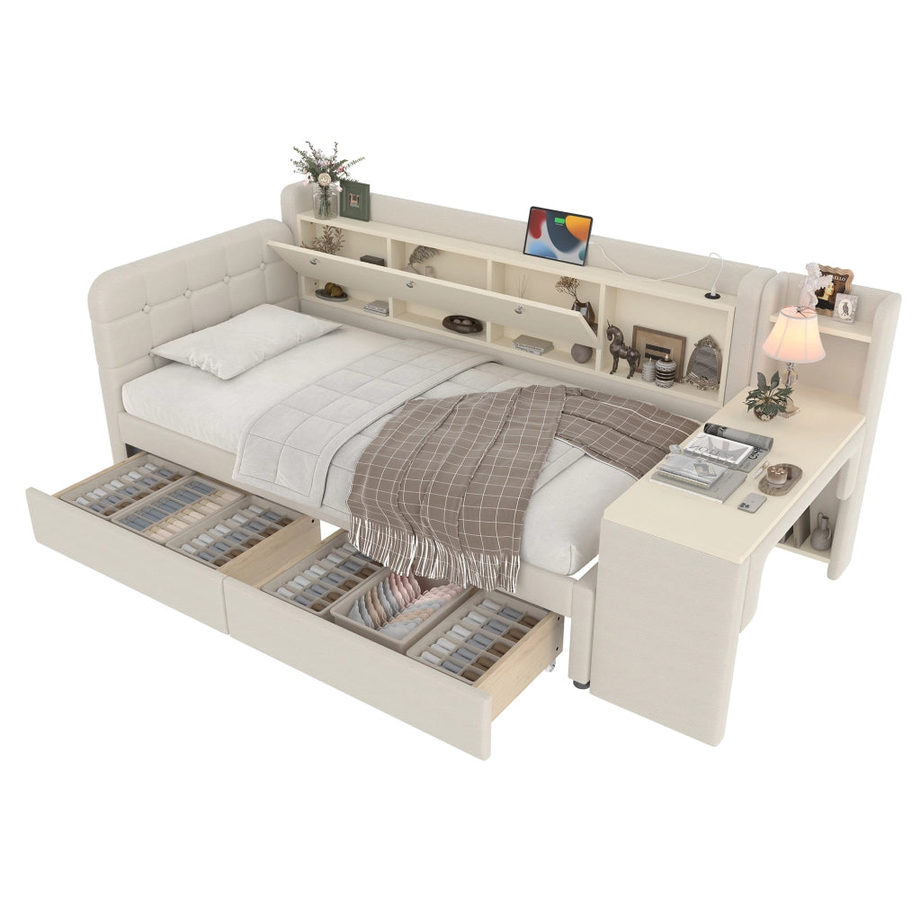 Letto giorno funzionale in lino beige 90x200 cm