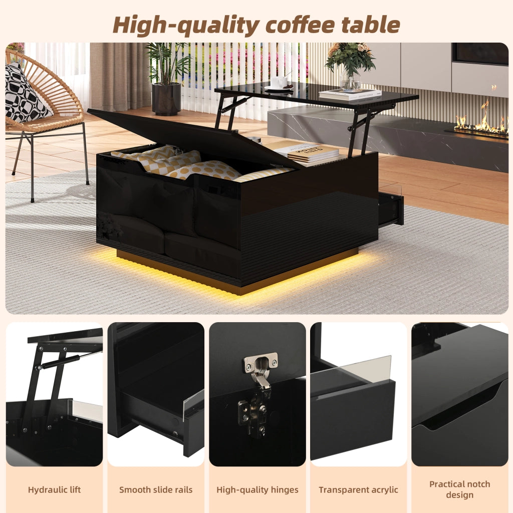 Tavolino da salotto elevabile con LED, cassetto e vano nascosto, finitura lucida nera in truciolare, 70 × 70 × 38 cm
