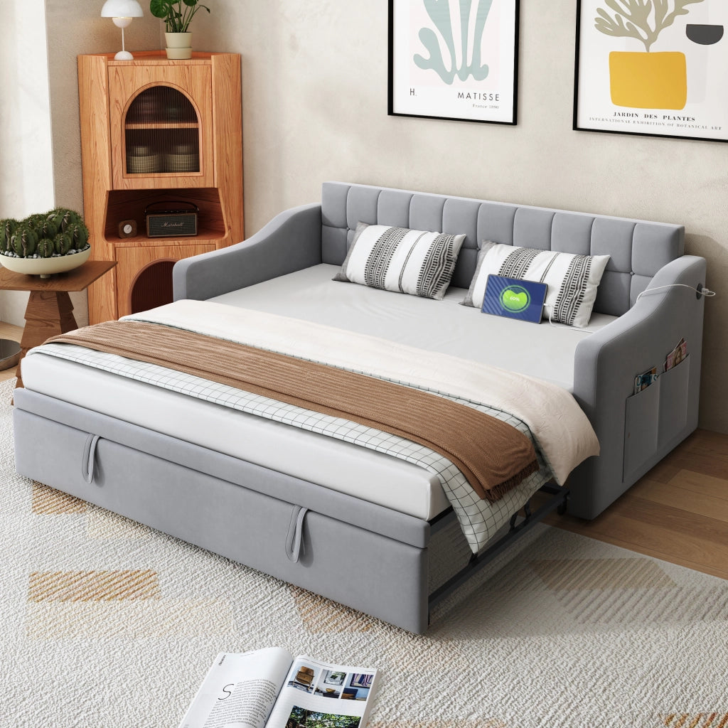 Divano letto multifunzionale - Zephmum- 90x180x190 cm, Grigio chiaro, Tessuto velluto, Presa di corrente e tasca di stoccaggio