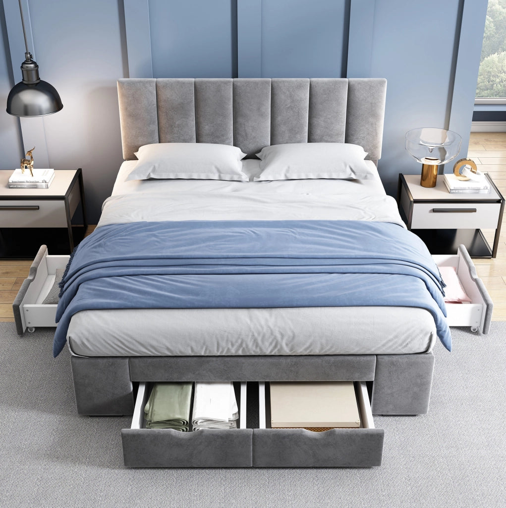 Letto imbottito grigio 140x200 cm in velluto con rete e 4 cassetti