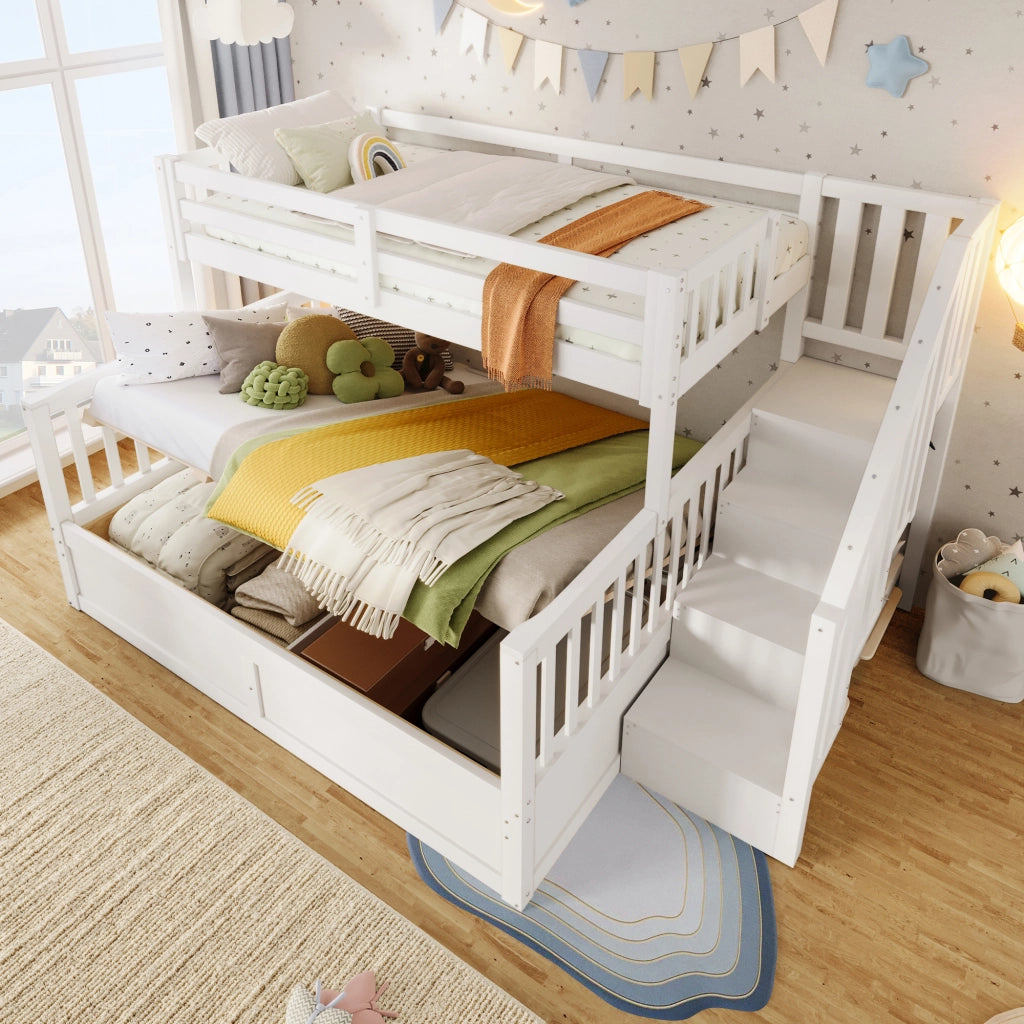 Letto a castello 90 × 200 cm e 140 × 200 cm; 3 posti; contenitore idraulico e scala contenitore; senza materasso