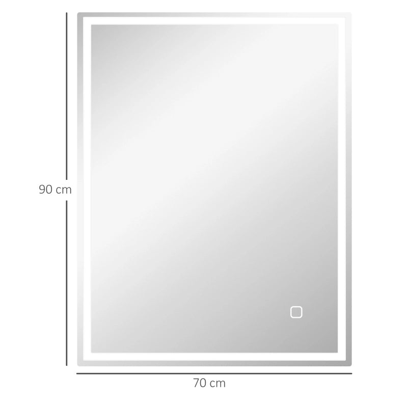 Specchio da bagno LED 90x70 cm con illuminazione dimmerabile e funzione memoria, design in vetro temperato argento