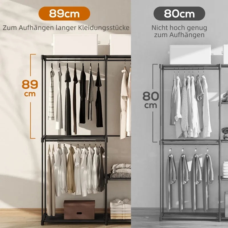 Armadio in tessuto nero 111x43x185 cm con appendiabiti e ripiani, per camera da letto e spogliatoio
