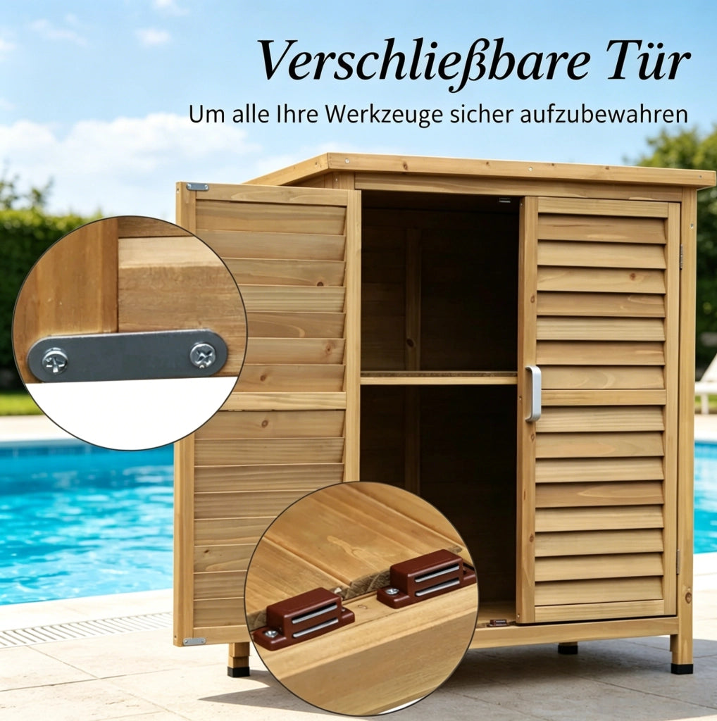 Armadio da esterno in legno di abete giallo con tetto impermeabile, 87x46,5x96,5 cm, spazio per attrezzi da giardino