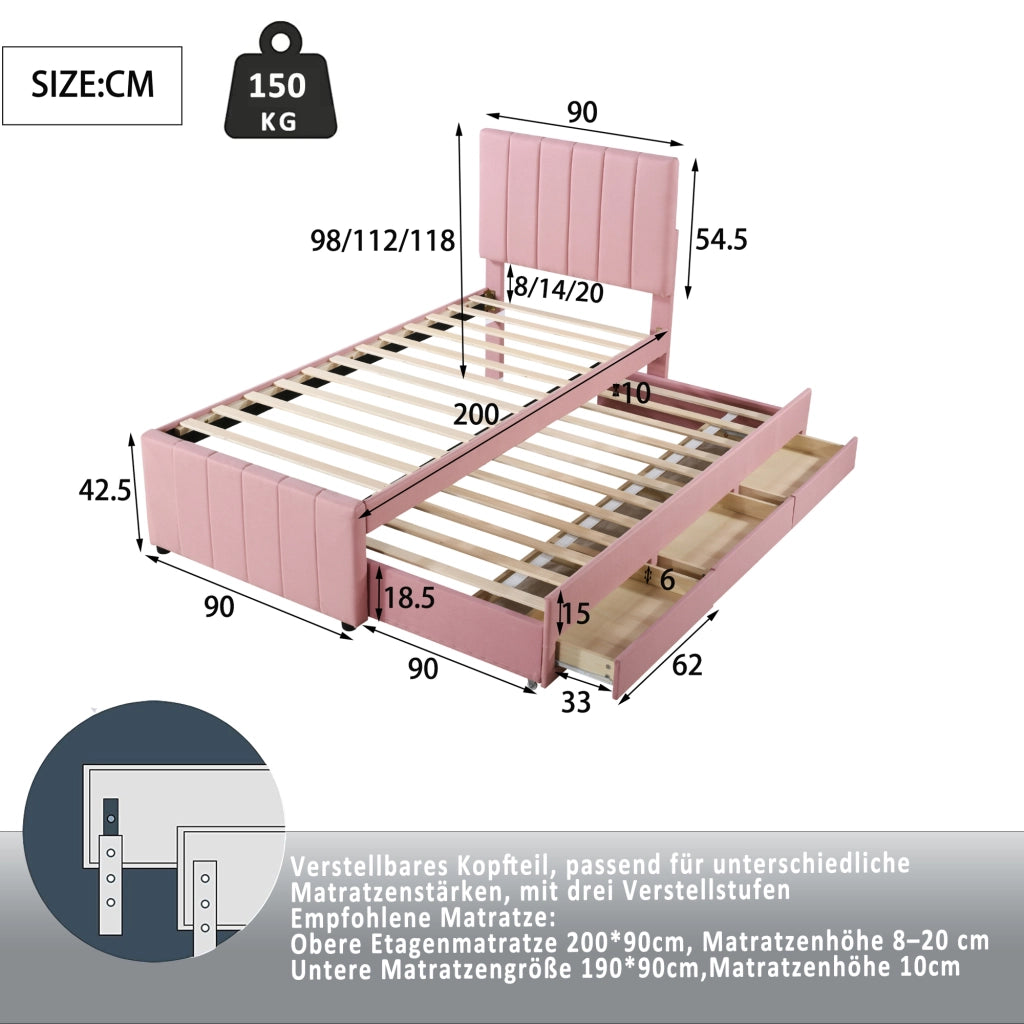Letto con letto estraibile 90 × 200 cm con letto supplementare 90 × 190 cm e 3 cassetti rivestito in lino rosa