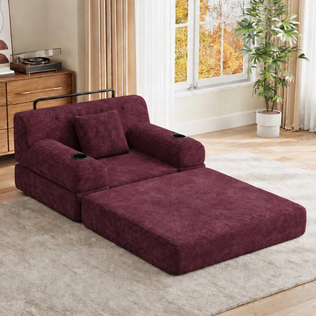 Divano letto 1 posto 107x162 cm con schienale alto; 4 tasche e 2 portabicchieri; velluto a coste rosso vino