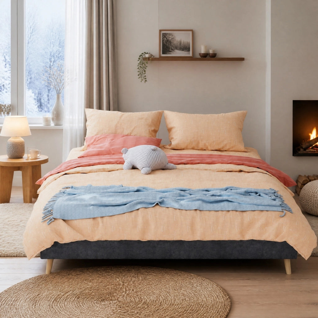 Letto 160 × 200 cm rivestito in tessuto grigio con rete a doghe e dettagli geometrici