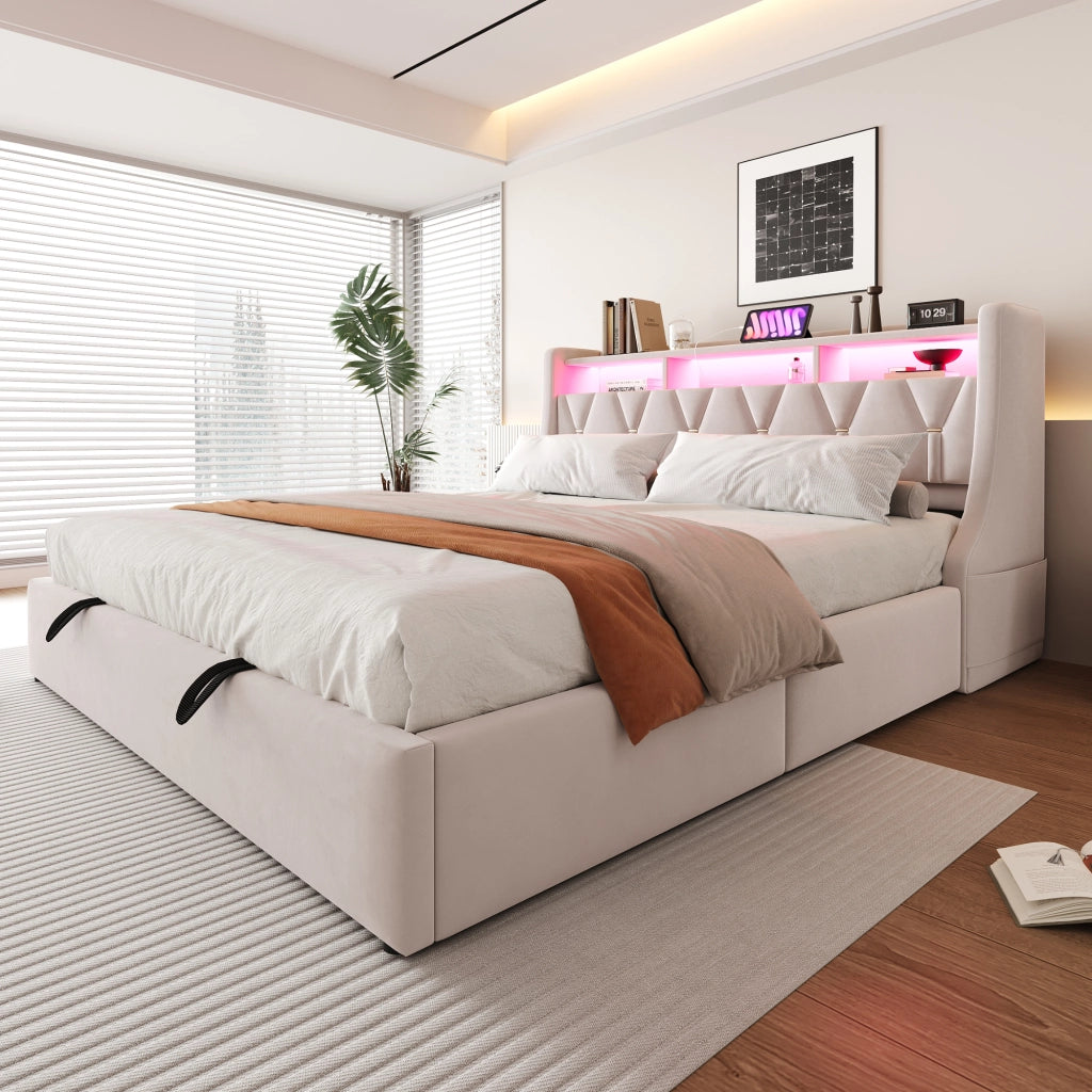 Letto contenitore matrimoniale 180 × 200 cm con LED; USB; Tipo-C e mensole; senza materasso; in velluto beige