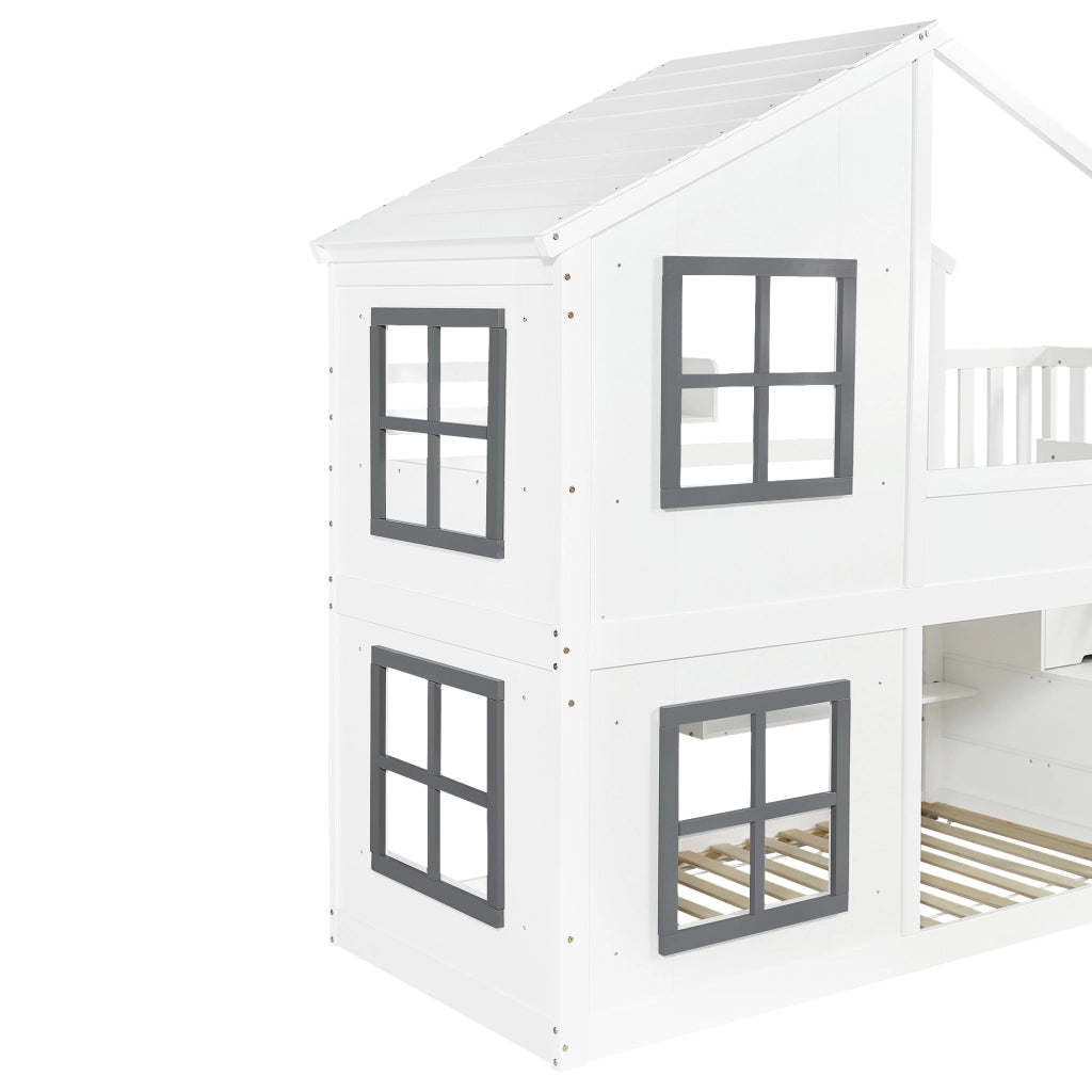 Letto a castello per bambini 90×200 cm con scala contenitore, finestre e tetto, senza materasso, bianco e grigio