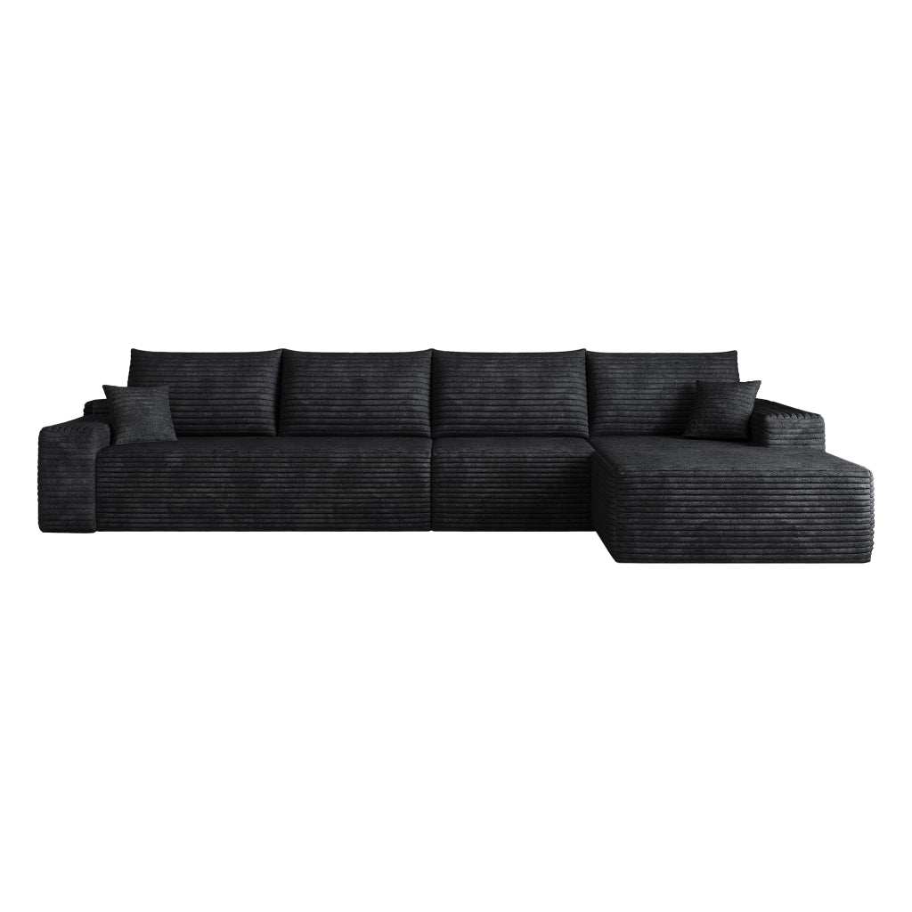 Divano angolare modulare con chaise longue e seduta profonda, senza montaggio, in tessuto a coste nero