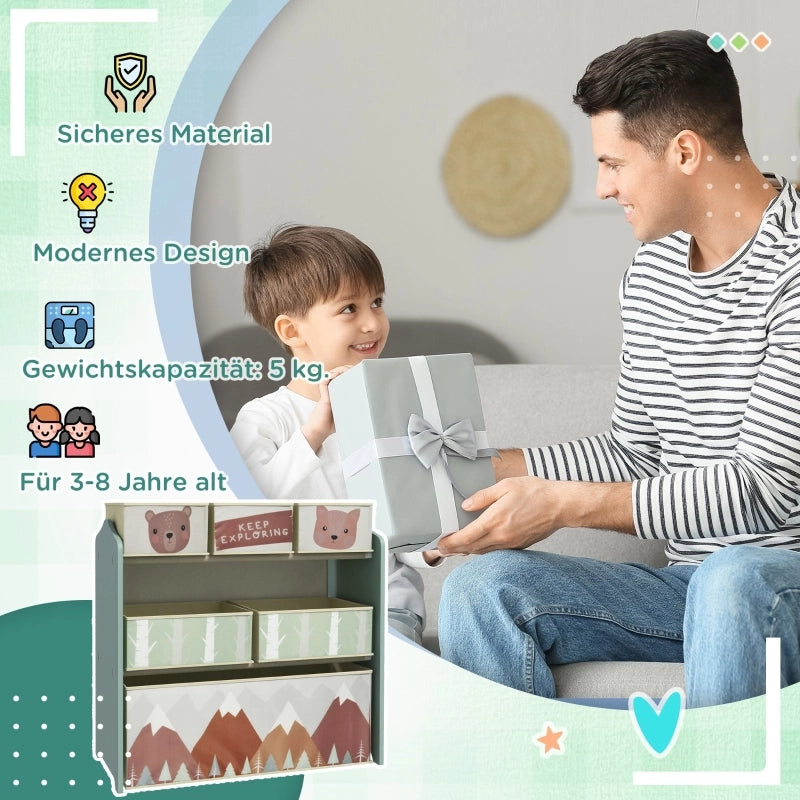 Armadio per bambini con 6 scatole in tessuto, motivo carino, 63x30x66 cm, verde