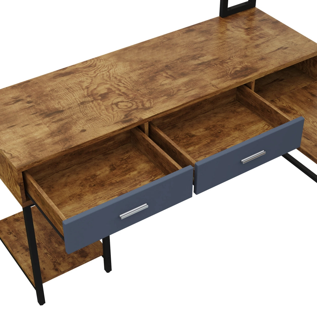 Scrivania angolare 140x140x135 cm in stile industriale con struttura in acciaio e MDF, finitura nero e legno, con cassetti e armadietto a porta singola