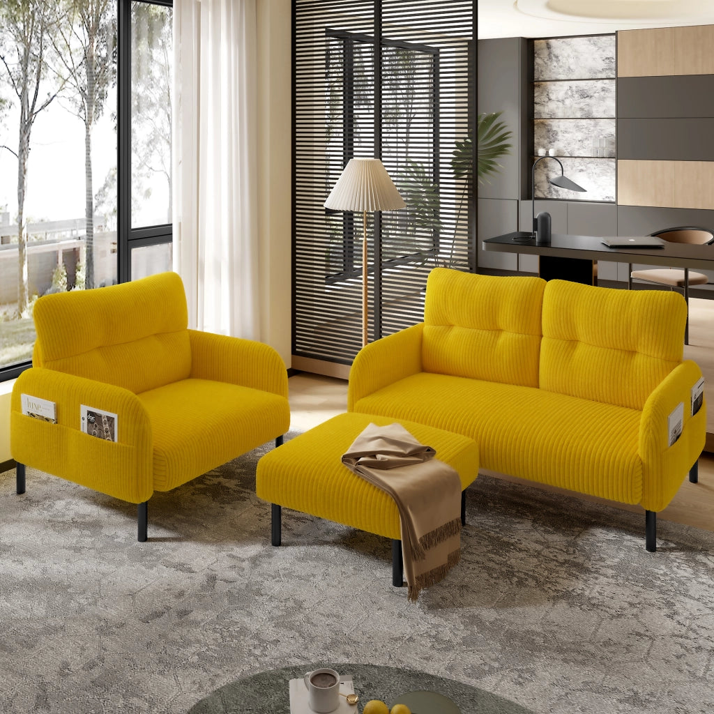 Poltrona singola in velluto a coste giallo con tasca laterale 67x75x79 cm