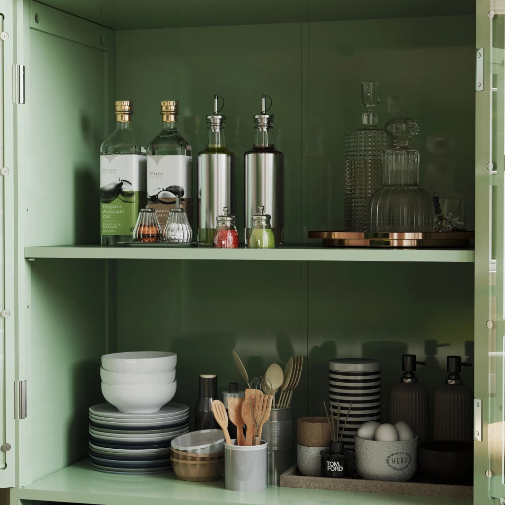 Mobile Buffet Minimalista Verde Menta con 2 Ante in Vetro e Cassetti, Credenza in Legno Moderna per Soggiorno, Sala da Pranzo, Ingresso