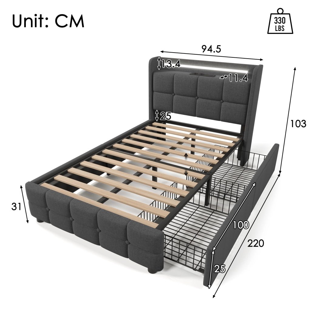 Letto con cassetti 90 × 200 cm con LED prese USB e due cassetti laterali struttura in metallo grigio