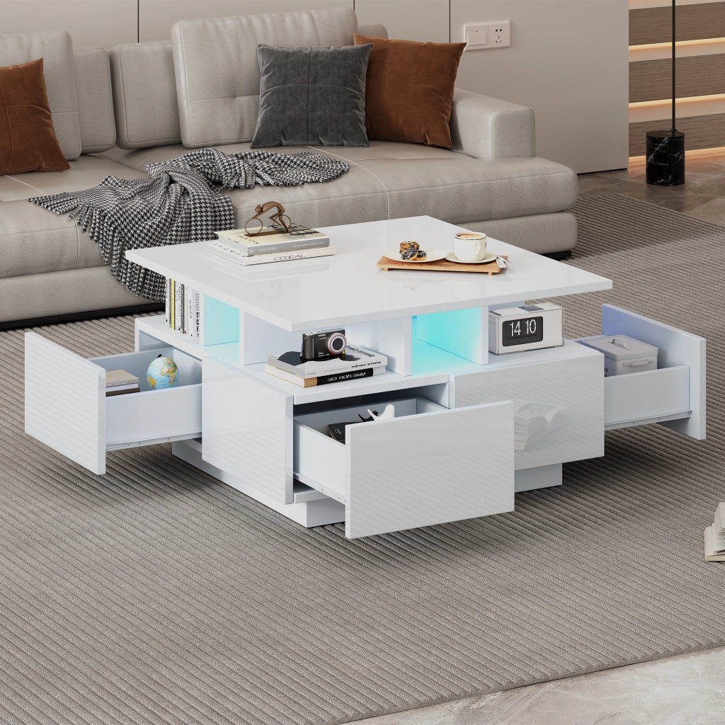 Tavolino da caffè quadrato 70 × 70 × 40 cm con 4 cassetti e luce LED controllabile tramite app bianco lucido