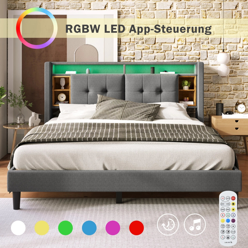 Letto imbottito 140 × 200 cm con testiera contenitore LED; 2 USB e 2 prese; rete a doghe; grigio