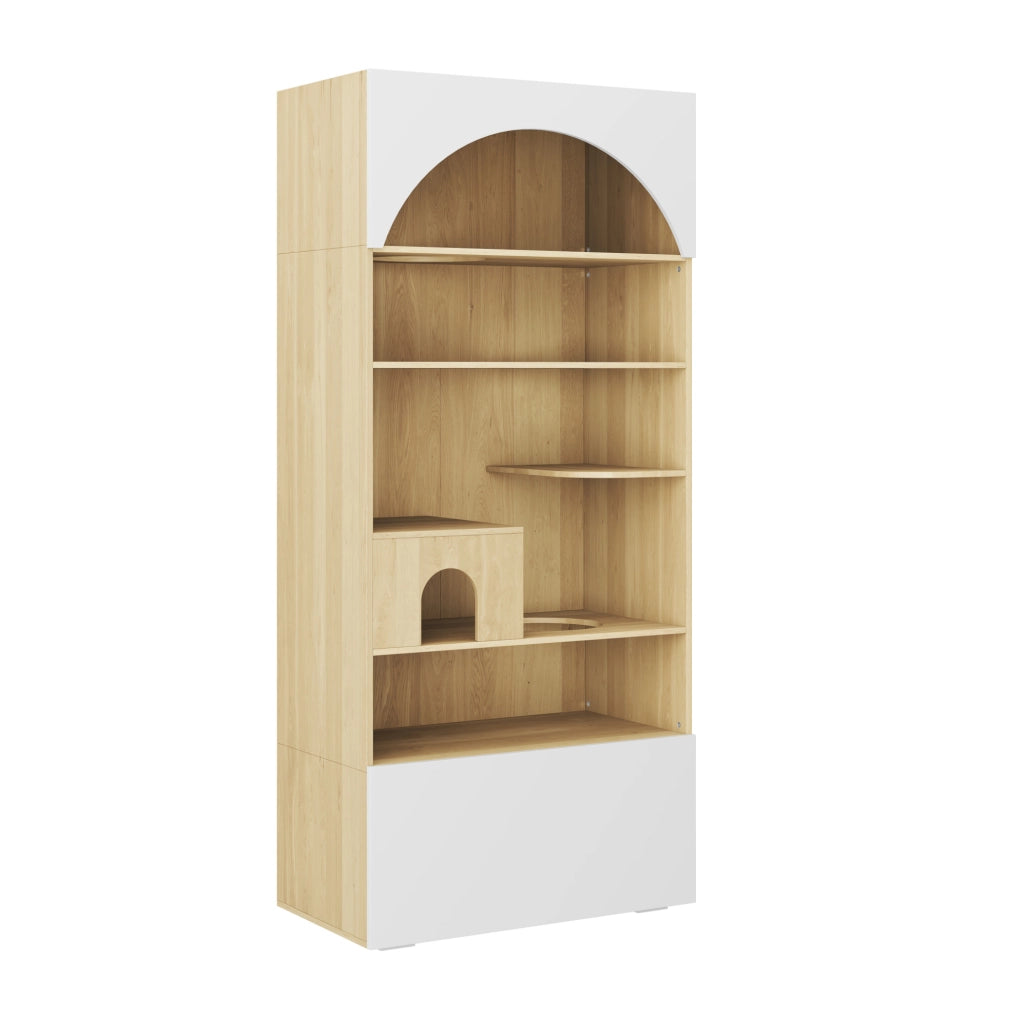 Mobile per gatti ULEVR 90x50x200 cm con parete da arrampicata, cuccia e 2 vani contenitore, bianco effetto legno