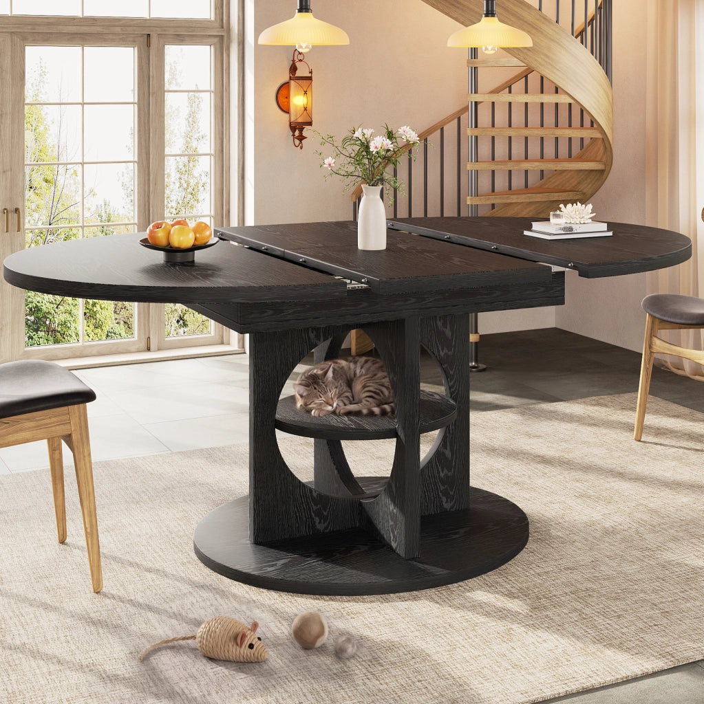 Tavolo da pranzo estensibile ULEVR 110-150 cm rotondo e ovale con ripiano integrato, MDF e metallo nero