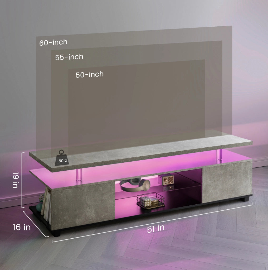 Mobile TV 130x40x48 cm in MDF grigio e nero con LED e vano contenitore