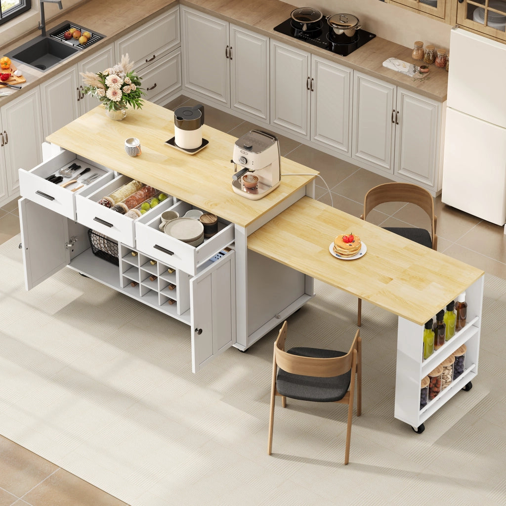 Isola da cucina mobile con piano estraibile fino a 223 cm; 3 cassetti; cantinetta e prese; bianco/rovere; 136(223)x50x93 cm