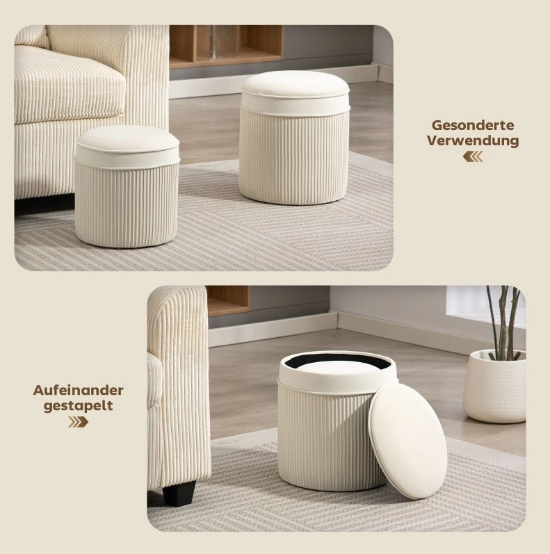 Set di 2 Pouf con Contenitore, Pouf Tondo in Velluto Crema 36x36x41,5 cm