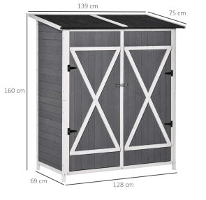 Armadio da Giardino in Legno di Abete Grigio e Bianco con 2 Porte e Tetto Asfaltato 139x75x160 cm