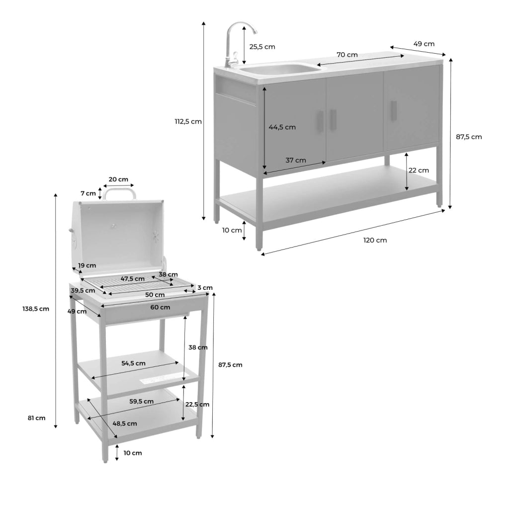 Cucina esterna, 2 moduli e barbecue a carbone con lavandino, beige