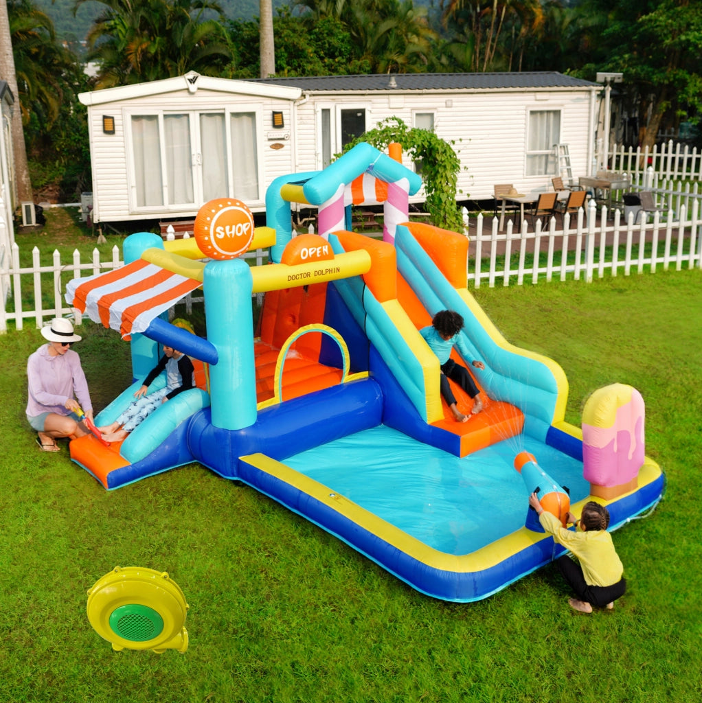 Castello gonfiabile per bambini con 2 scivoli; area giochi d'acqua; gonfiatore 450W; blu