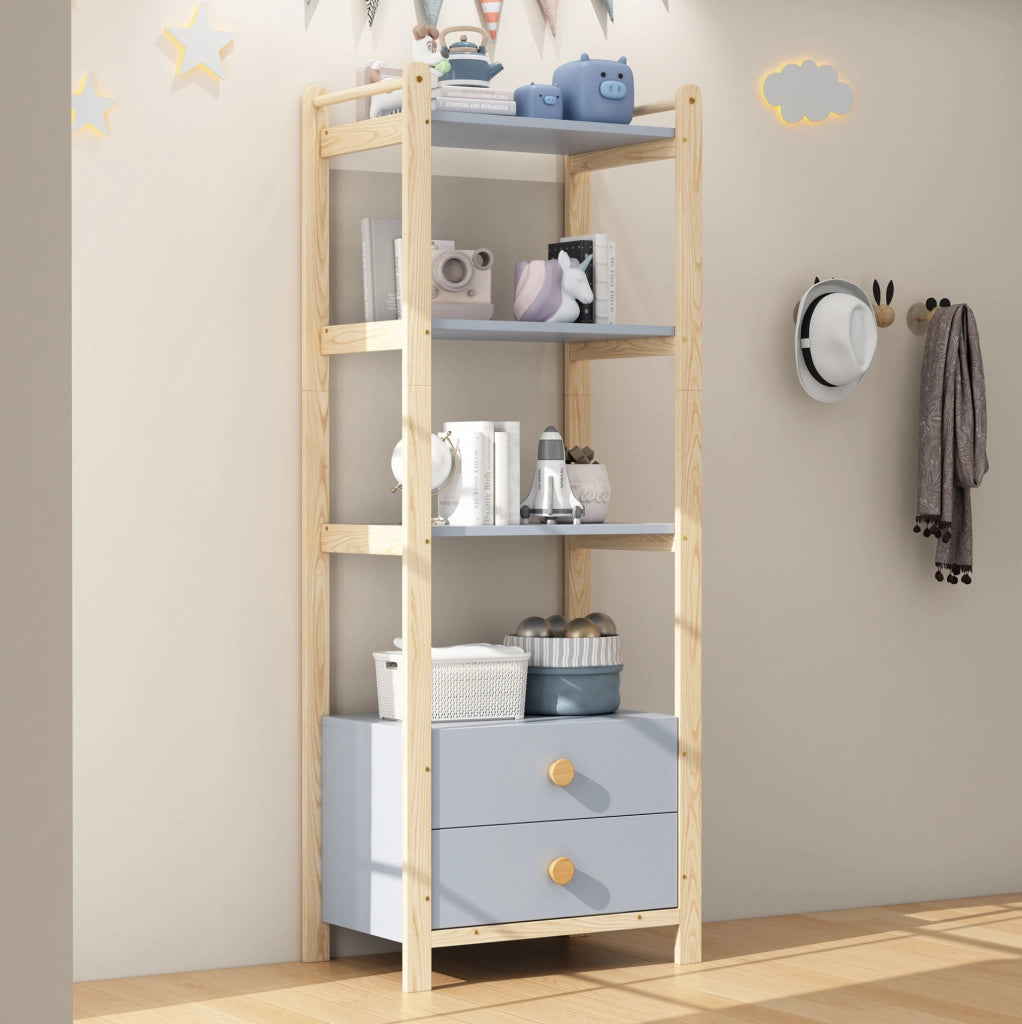 Libreria a 4 livelli con 2 cassetti, struttura in pino e maniglie in legno massello, blu e naturale, 70×44×180 cm