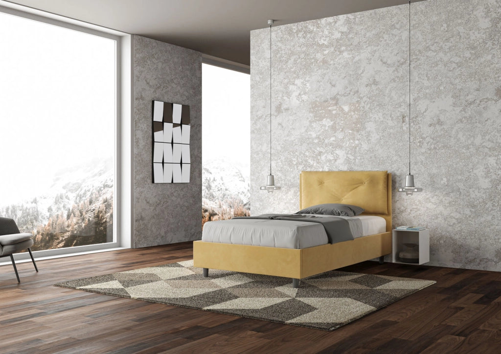 BS COM Letto una piazza e mezza con rete imbottito 130x190 microfibra ocra Large