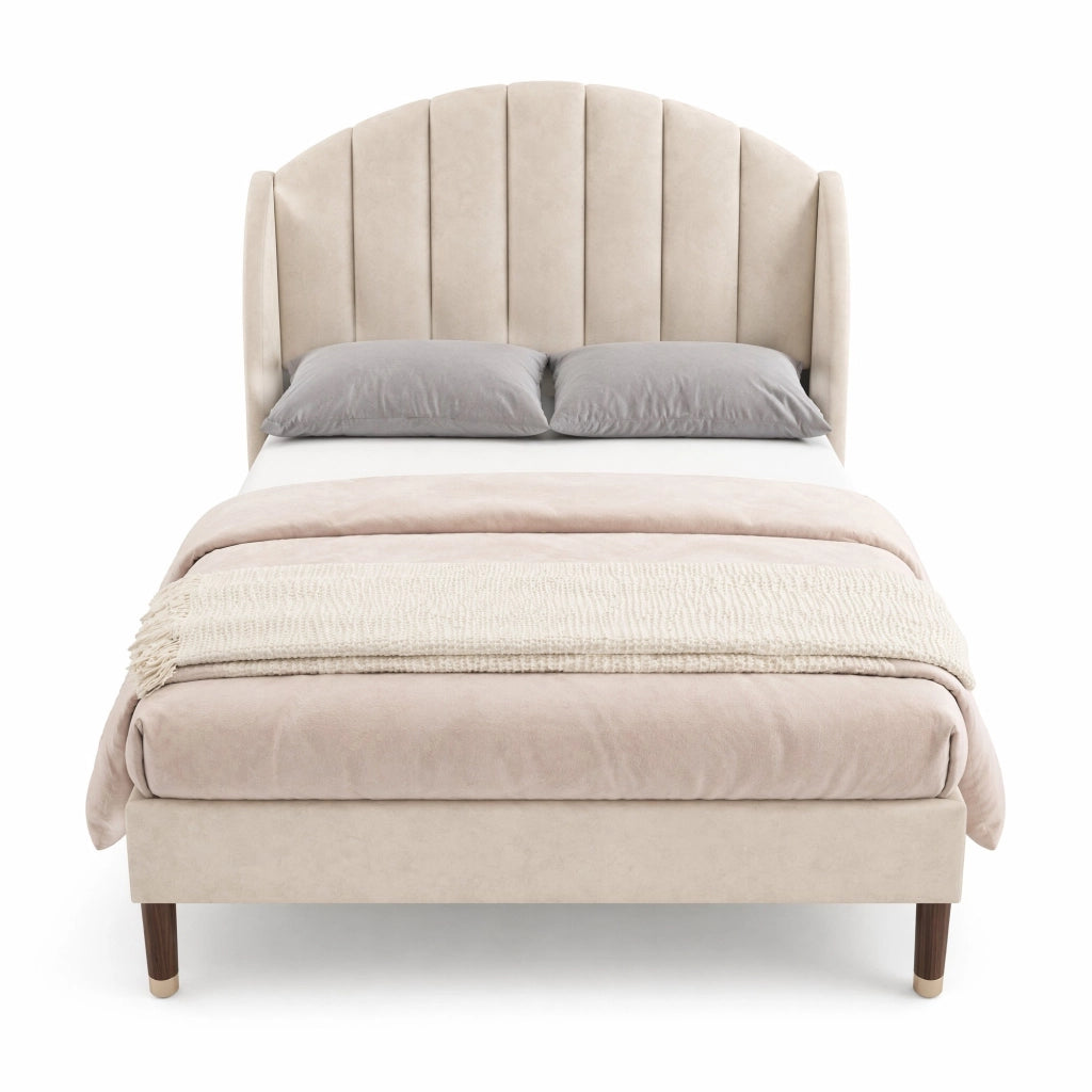 Letto singolo 90 × 200 cm imbottito con testiera e rete a doghe in velluto beige