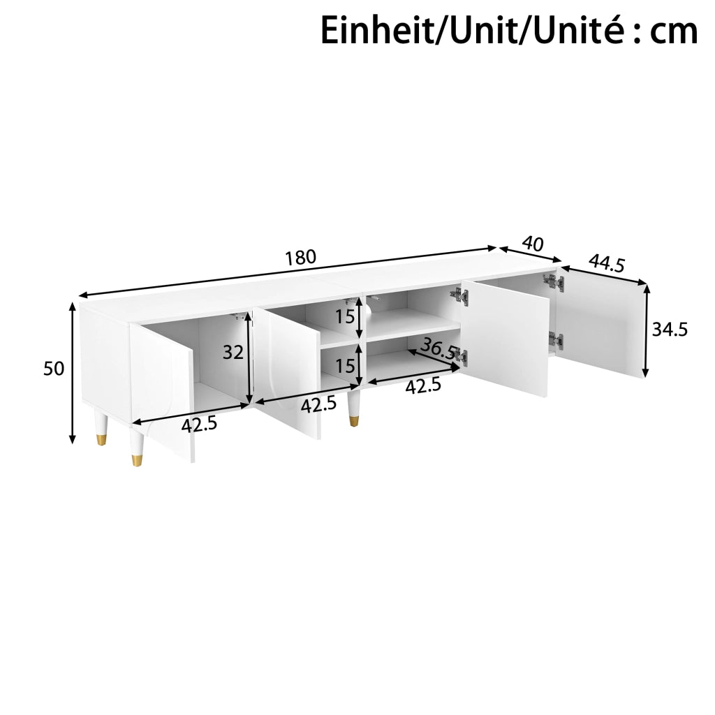 Mobile porta TV con 4 ante e vani, ripiano con passacavi, per soggiorno, in MDF e truciolare bianco 180 × 40 × 50 cm