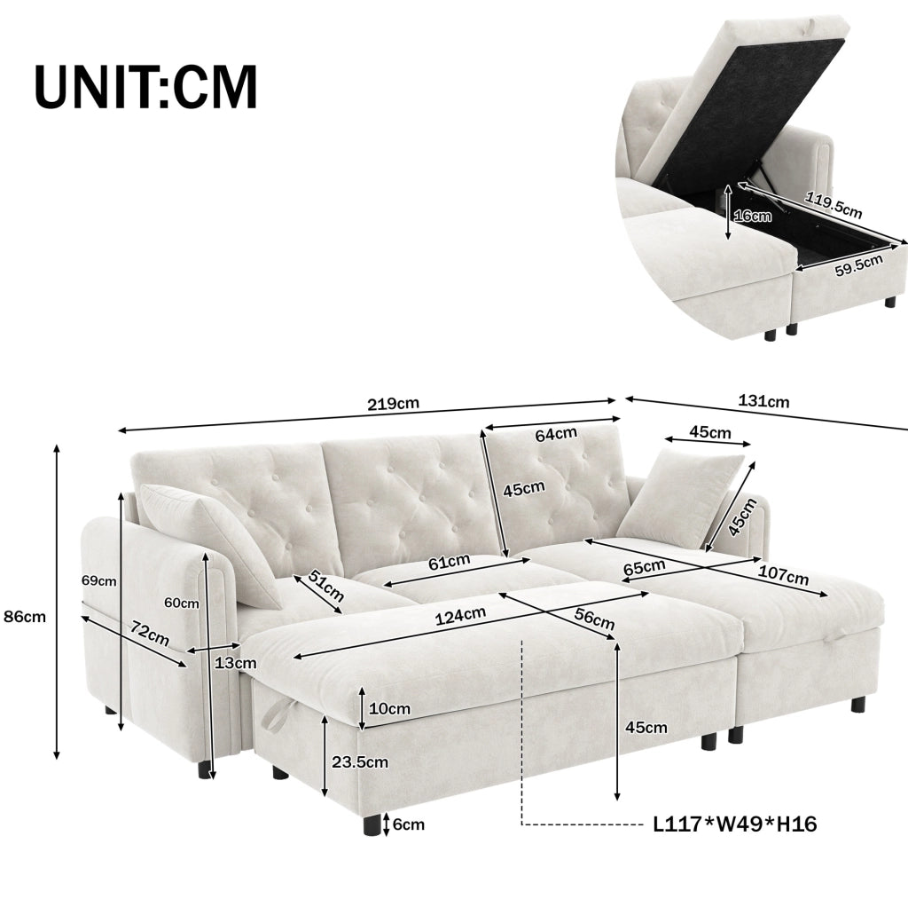 Divano moderno beige con chaise longue reversibile e pouf contenitore, 219 x 131 x 86 cm